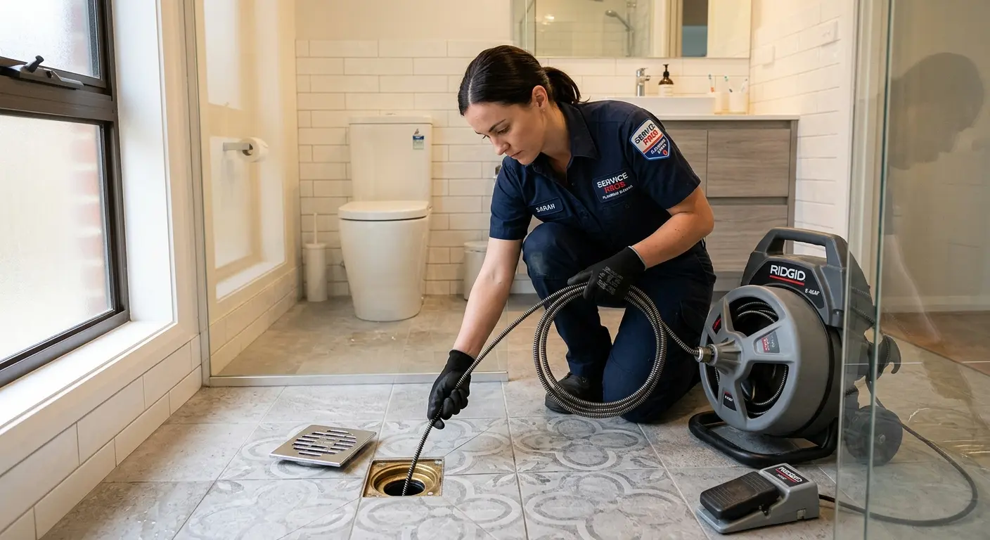 Technician clearing a bathroom floor drain for Hydro Jetting in Webster